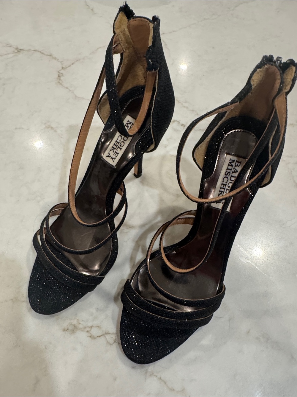 Badgley Mischka Black Glitter Strappy Stiletto Sandals